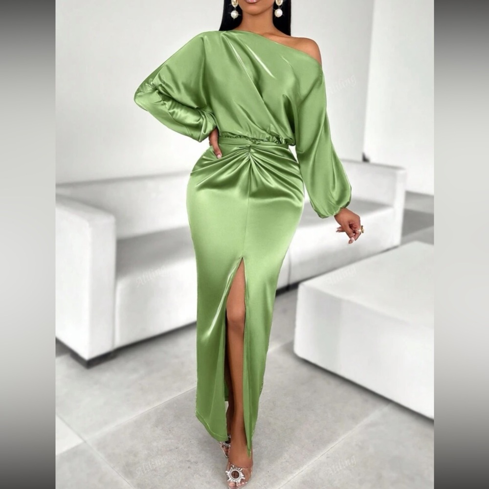 Luxe long sleeve slit thigh party formal evening satin dress